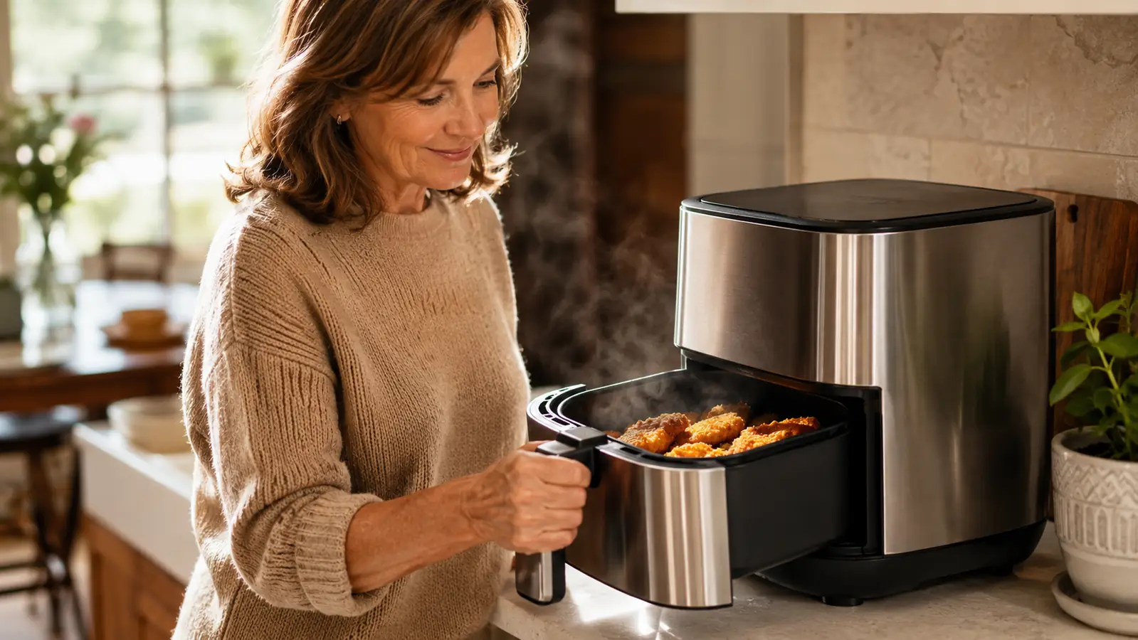 A hand pulling the nonstick drawer out of the air fryer on the counter, steam rising from a basket of breaded chicken tenders