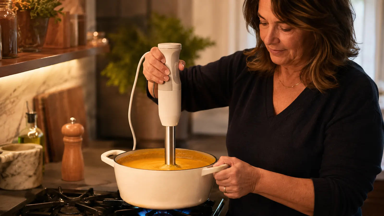 Hands holding an immersion blender wand deep in a pot of soup, blending straight in the pot over a lit stove