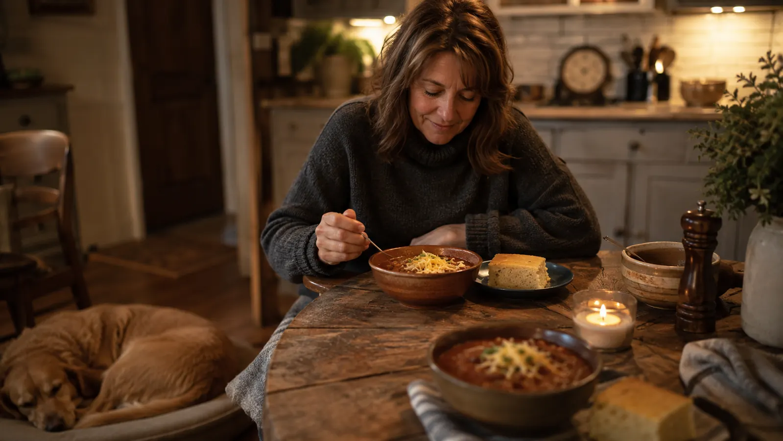 Two bowls of chili on a wooden table, one with a square of cornbread, low candlelight, and a dog sleeping at the chairs