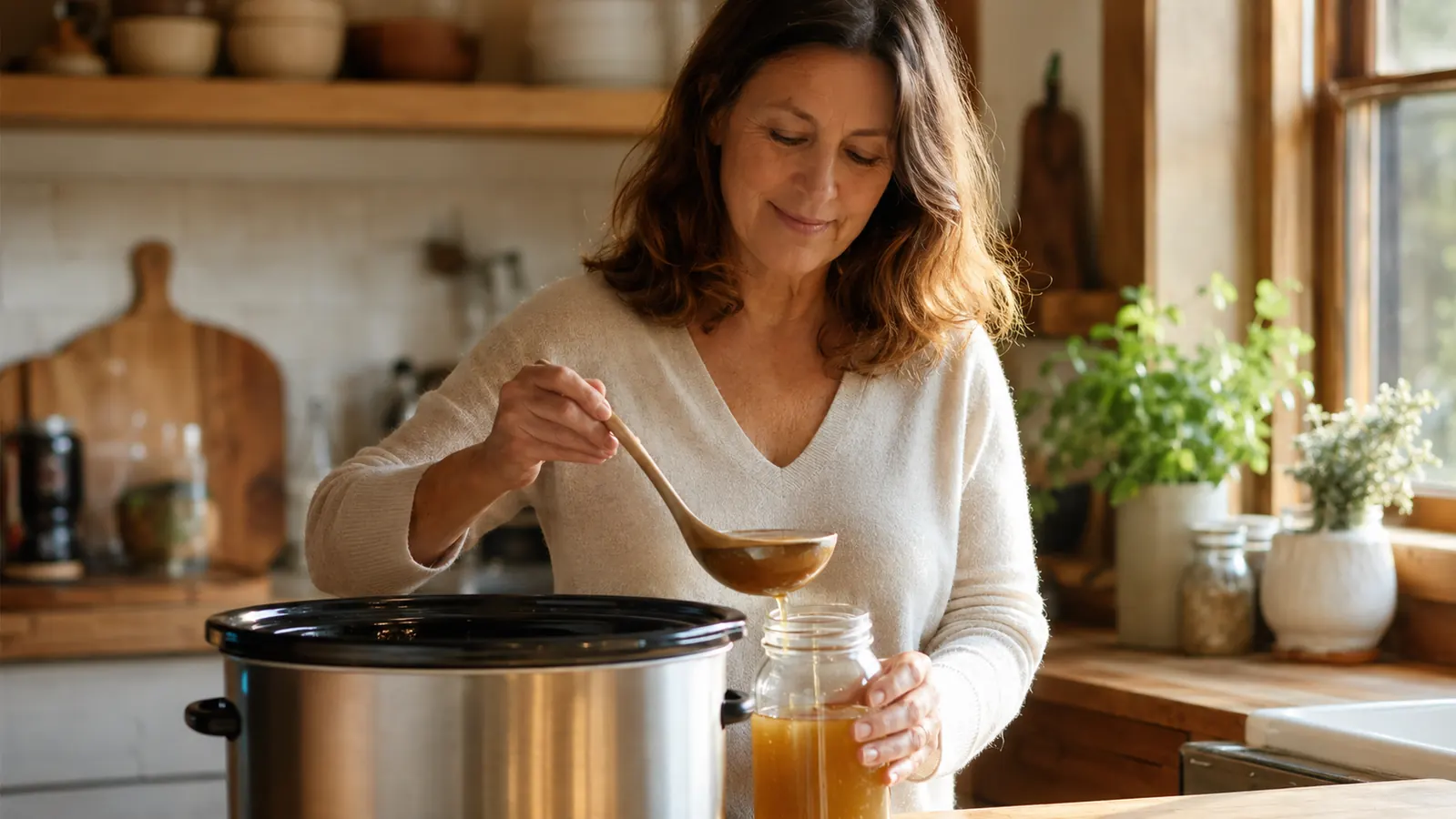 A ladle scooping golden broth out of the slow cooker crock into a wide-mouth glass jar