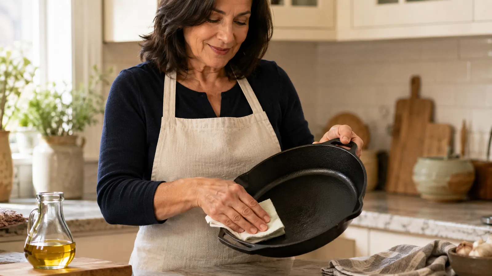 A hand wiping a thin coat of oil across the inside of a skillet with a paper towel