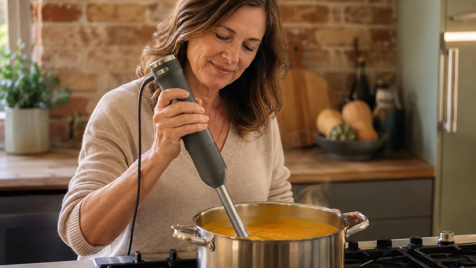 A hand lowering an immersion blender wand beneath the surface of soup in a pot