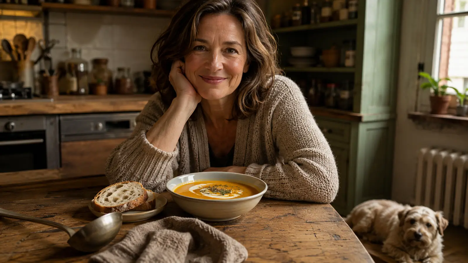 A bowl of silky golden soup on a wooden table with a ladle and a slice of crusty bread