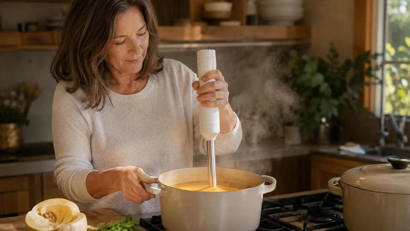 A hand steadying a stick blender in a tall pot of soup, blending it smooth without transferring to another bowl