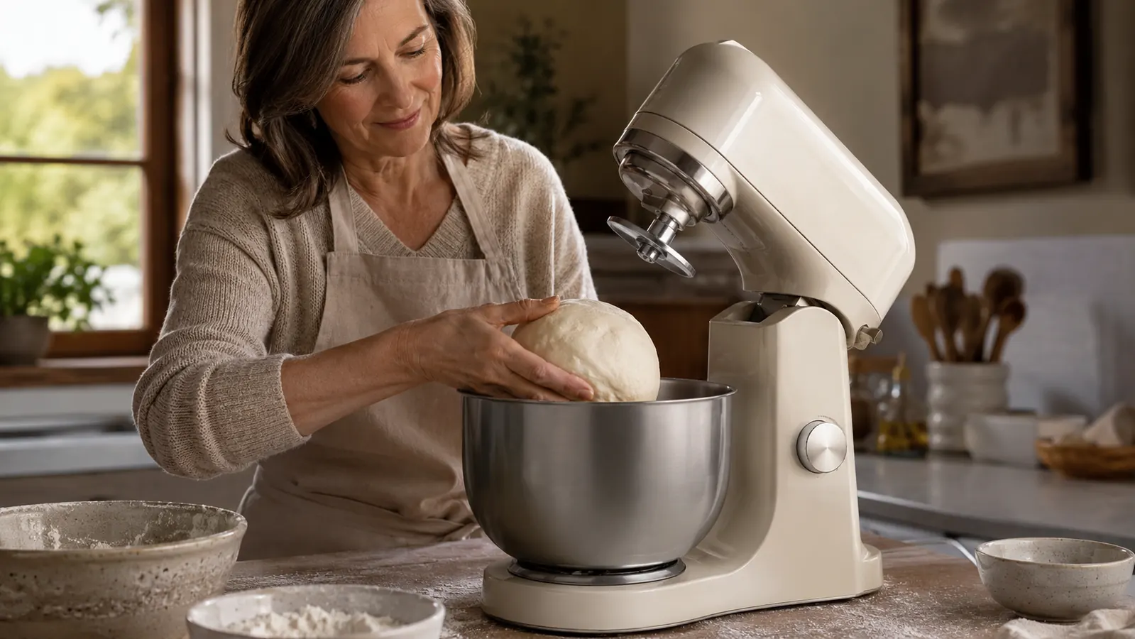 A hand dropping a small knob of bread dough into the mixing bowl of a stand mixer on a kitchen counter