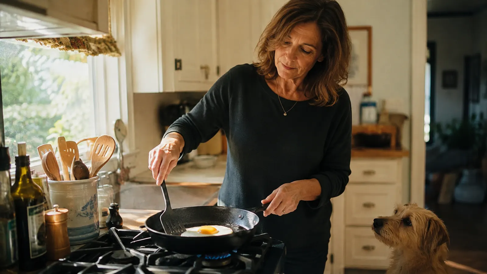 A fried egg cooking in a cast iron skillet on the stove in a bright morning kitchen, a small dog waiting at the edge of the frame