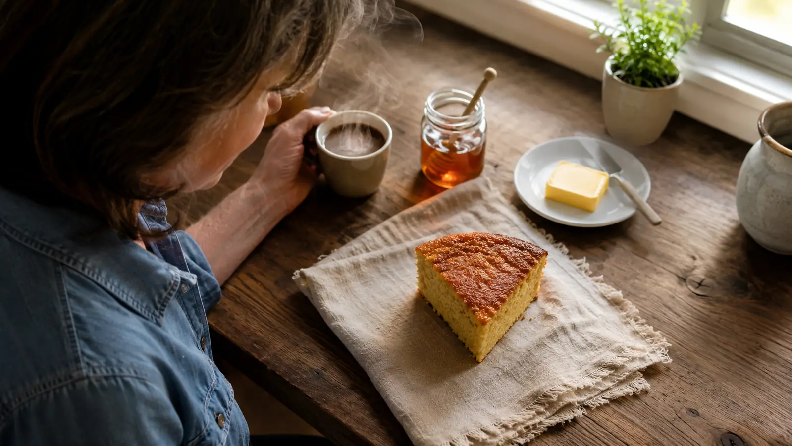A small wedge of cornbread with a burned-gold crust on a cotton napkin, a cold pat of butter and a jar of honey beside it, morning light on a wooden table