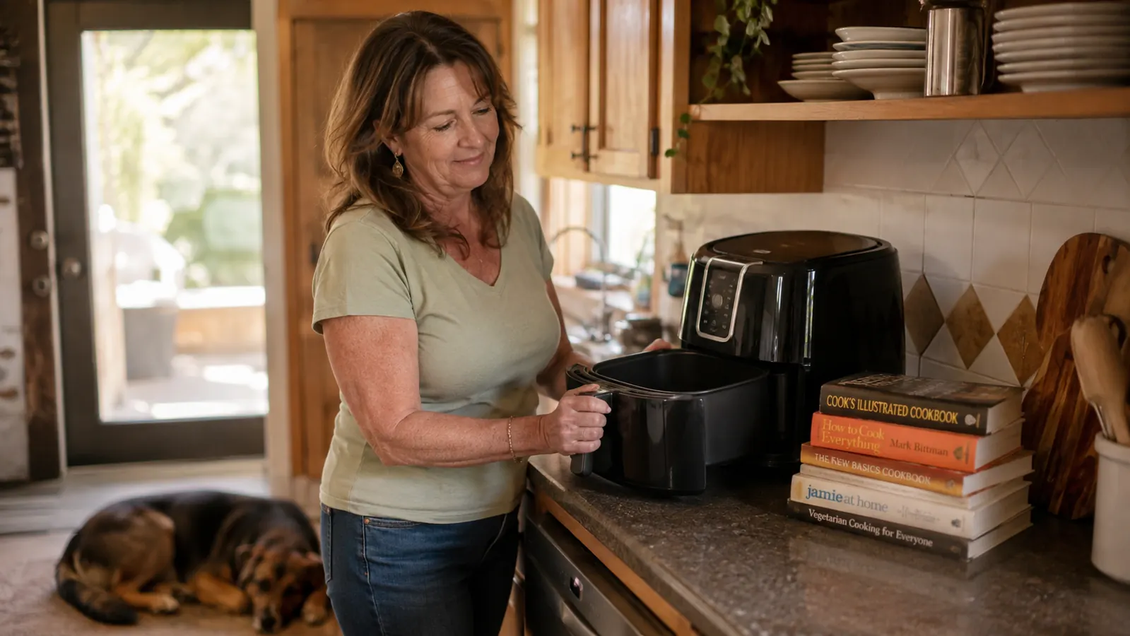 An air fryer sitting on the kitchen counter with its drawer pulled open and unplugged after washing, a stack of cookbooks beside it and a dog curled on the floor