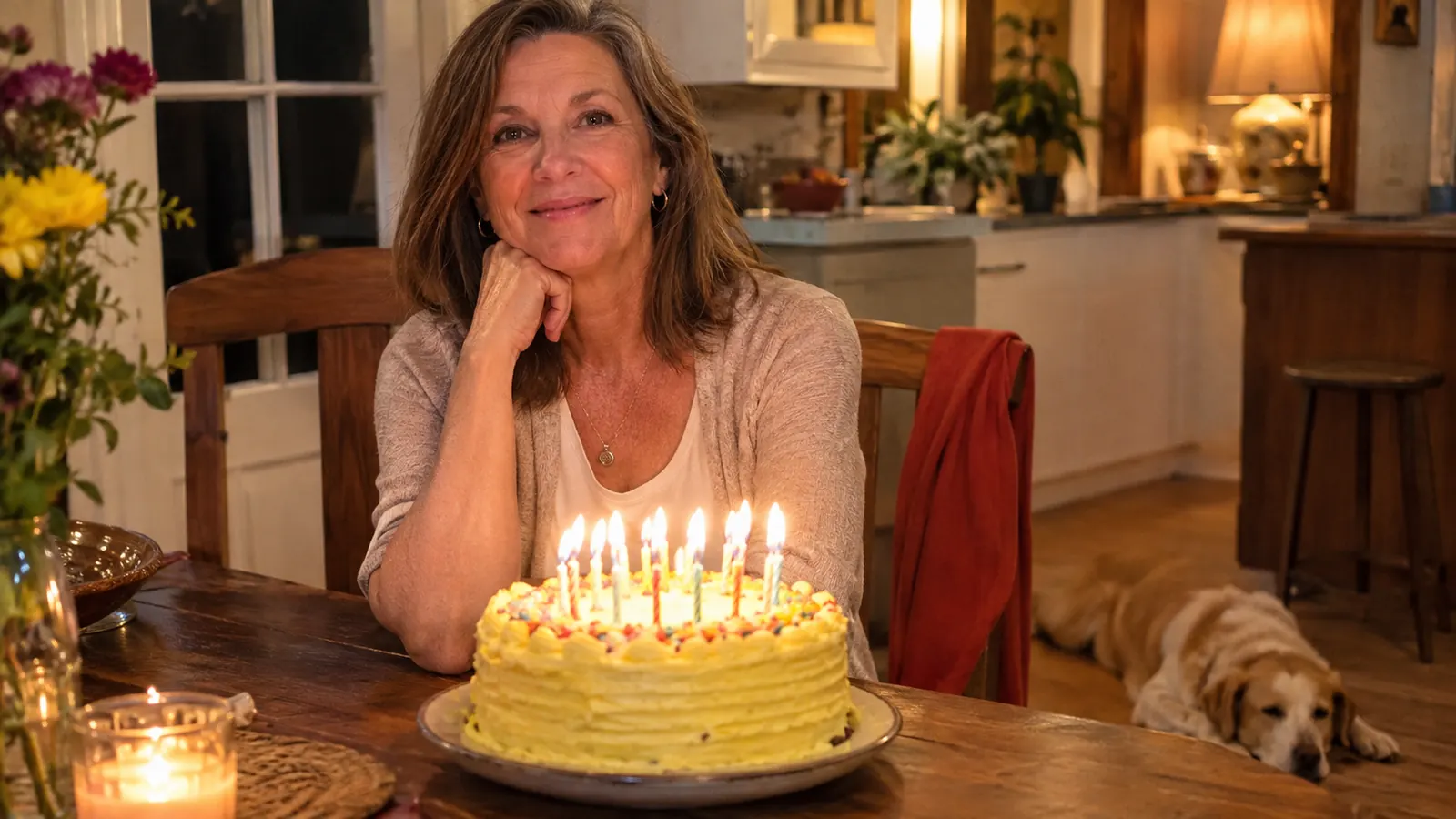 A yellow layer birthday cake with lit candles on a ceramic plate at a home kitchen table, a dog asleep on the floor beside it